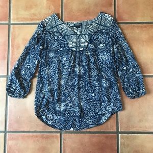 Lucky Brand Blue Cream 3/4 Sleeve Blouse